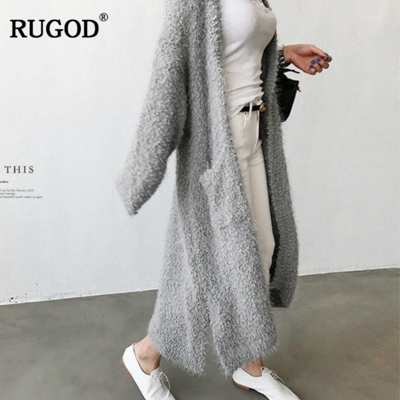 RUGOD 2020 осенний модный плюшевый вязаный кардиган с карманами длинный свитер