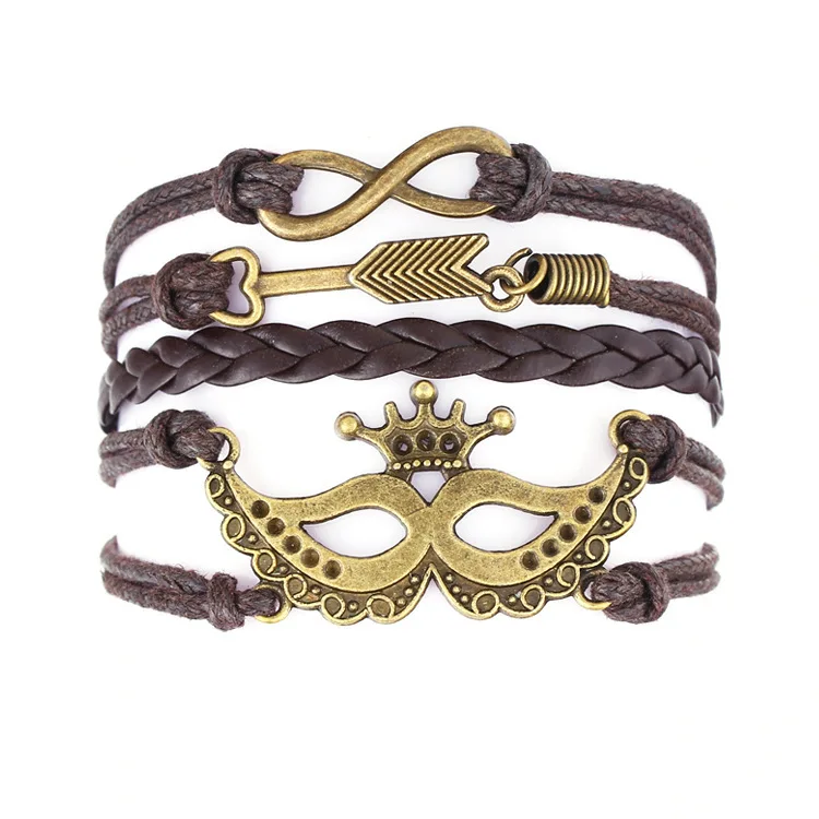 2015 Fine Jewelry Multilayer Leather Bracelet Fashion Mask Jesus Anchors Infinity Heart Owl Wings Charm Bracelets Pulseira | Украшения и