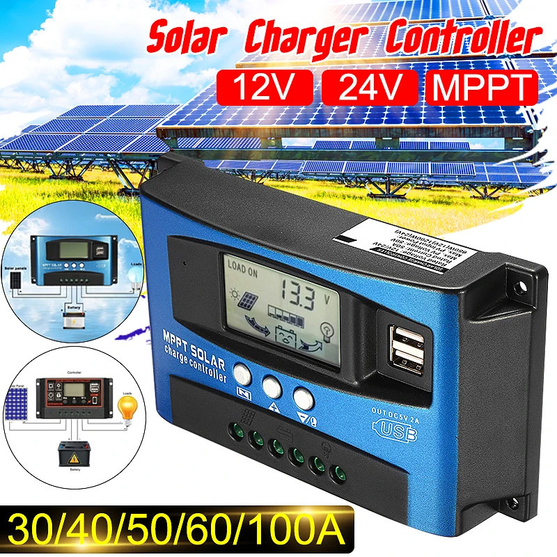 MPPT 30/40/50/60/100A Контроллер заряда солнечной батареи двойной USB ЖК дисплей 12 В 24 авто