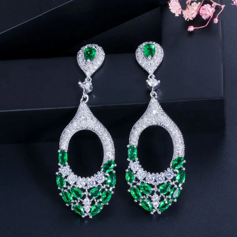 green CWWZircons Элегантный Королевский синий зеленый кубический цирконий камень для женщин длинные висячие Висячие обручение Свадебная вечеринка серьги ювелирные изделия CZ441 - Окраска металла: green