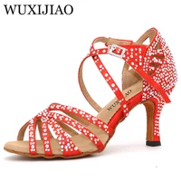 wuxijiao latin dance shoes big small rhinestone bright red blue satin women salsa dance shoes wedding party shoes flare 7 5cm
