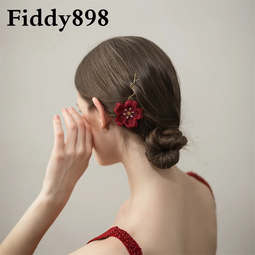 Элегантные свадебные заколки для волос с красными цветами и кристаллами