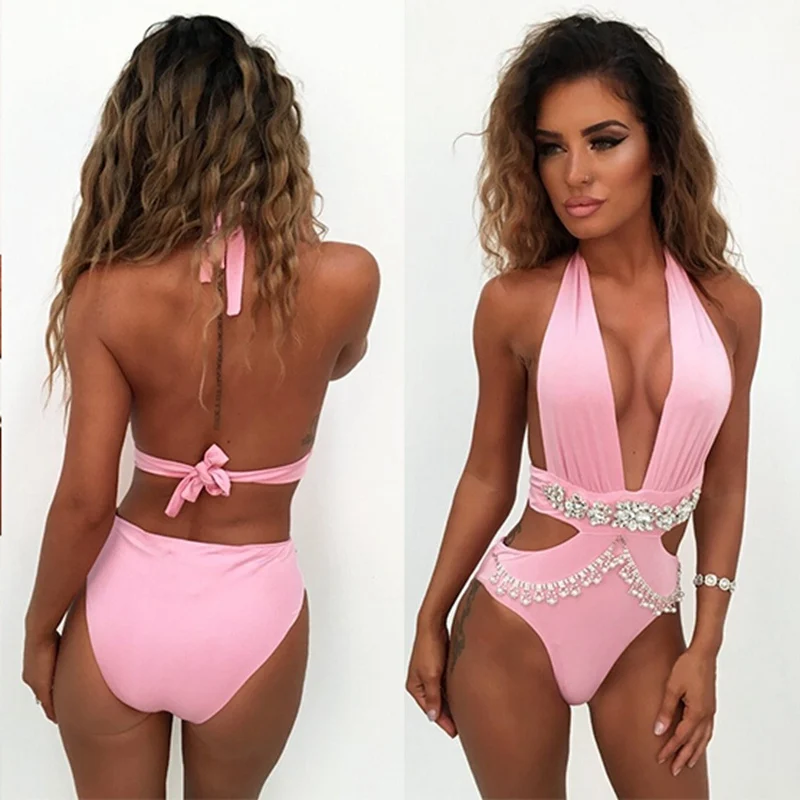 2018 женский слитный купальник Бандаж бикини с блестками Холтер открытой спиной