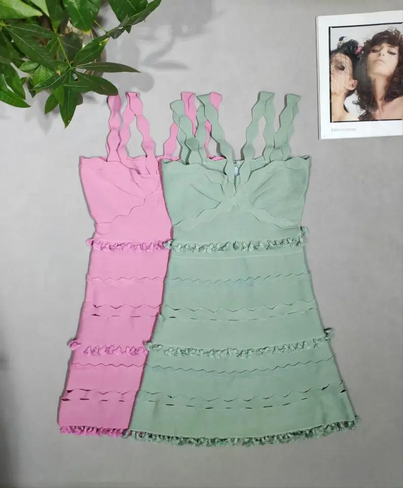 Pink and Green Color Women's Double Strap Sexy A-Line Mini Dress V-Neck Fashion Evening Party Dress High Quality