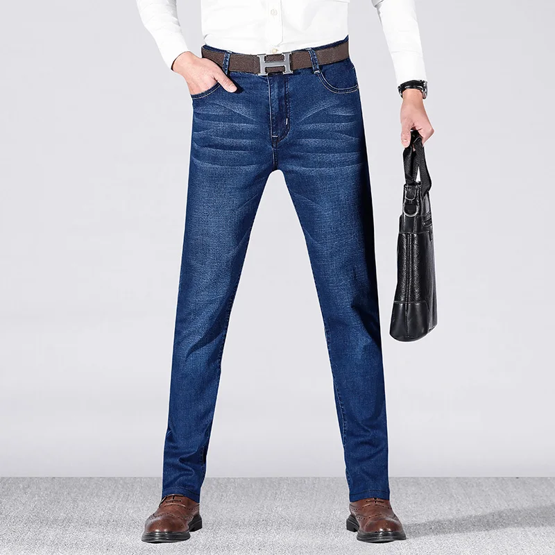 

2019 Autumn Spring Slim Men Jeans Business Stretch Fit Straight Cotton Jeans Casual Black Denim Pants Trousers TOP Rated