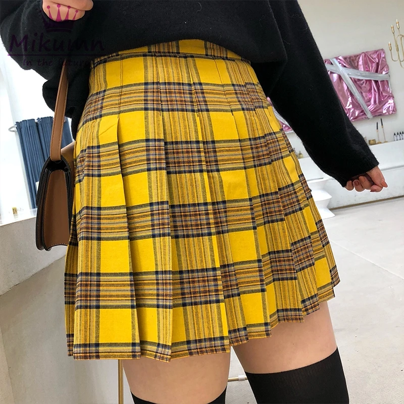 Harajuku женские черные желтые клетчатые плиссированные юбки готический панк женские шорты юбка Лидер продаж Высокая талия мини юбка размера плюс Saias