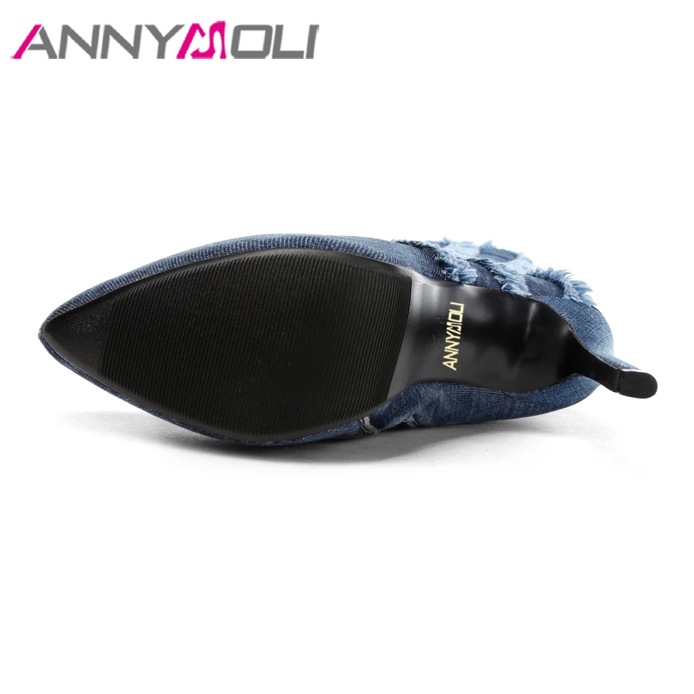 ANNYMOLI/зимняя обувь женские джинсовые сапоги до колена на платформе и высоком