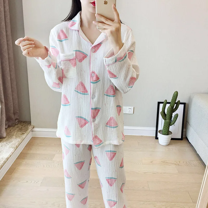 Весенне-летний комплект свободных пижам для дам Ins Fresh style Женская одежда для сна удобная газовая хлопковая Домашняя одежда с рисунком арбуза