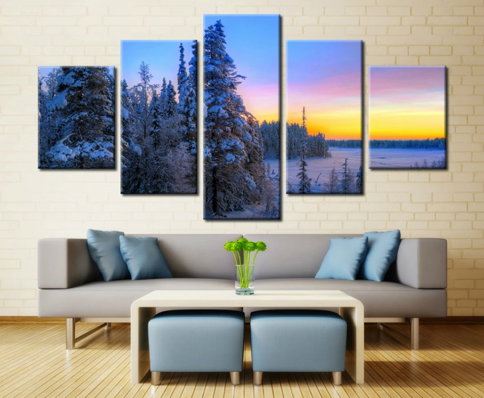 Горячая Распродажа 5 панелей зимняя горная фотокартина холст пейзаж HD печать