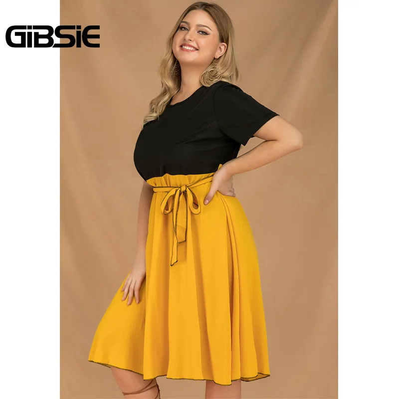 Женское платье туника GIBSIE желтое Повседневное средней длины в стиле пэчворк с о