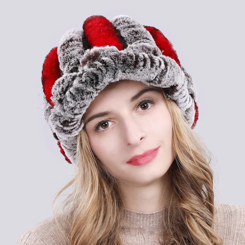 coffee red Новинка, настоящий мех кролика, женская зимняя шапка, натуральный настоящий мех кролика, шапка для женщин, вязаная, теплая, натуральный мех, шапки - Цвет: coffee red
