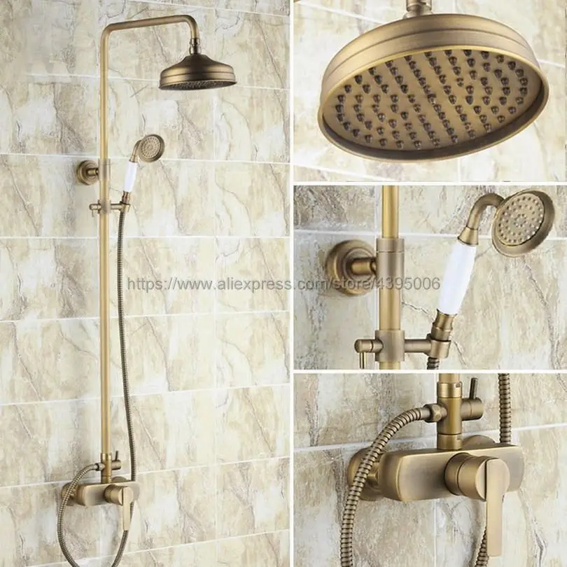 

Antique Brass Wall Mount 8 inch Bathroom Shower Faucet Mixer Taps Single Handle with Hand Held Shower Brs174