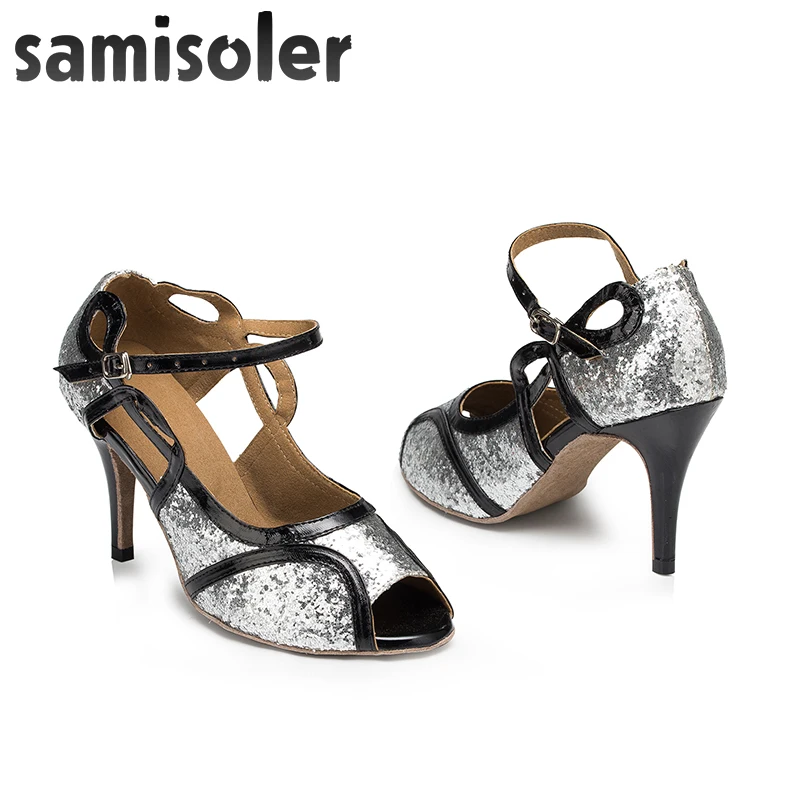 

Samisoler Leopard/Silver New Cloth Collocation Shine Ribbons Ballroom Fashion Dance Women Latin Dance Competition Shoes
