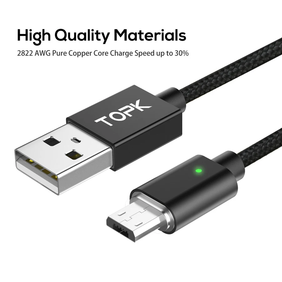 Topk 2.4A Магнитная Micro USB кабель, обновлен плетеный нейлоновый Светодиодный индикатор USB кабель для зарядки Micro-USB телефоны