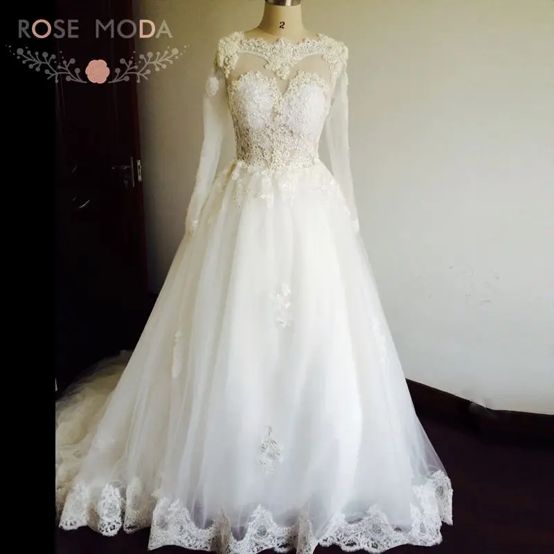 

See Through Back Sexy Illusion Top Pearls Lace Ball Gown Wedding Dress with Long Sleeves Real Photos