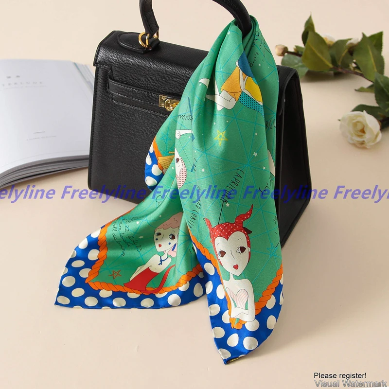 100% шелковый саржевый шарф с мультяшным принтом Модный маленький квадратный