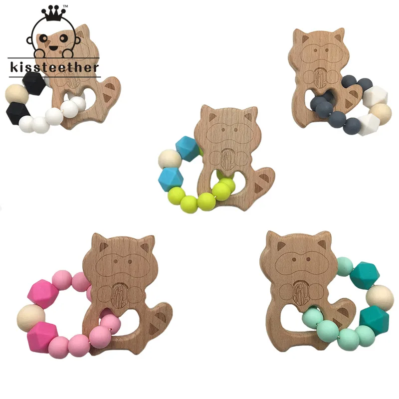 

5pcs Baby Bracelets Beech Wood Cute Raccoon Nursing Accessories Wooden Teether Baby Shower Gifts Chew Silicone Beads Bracelets