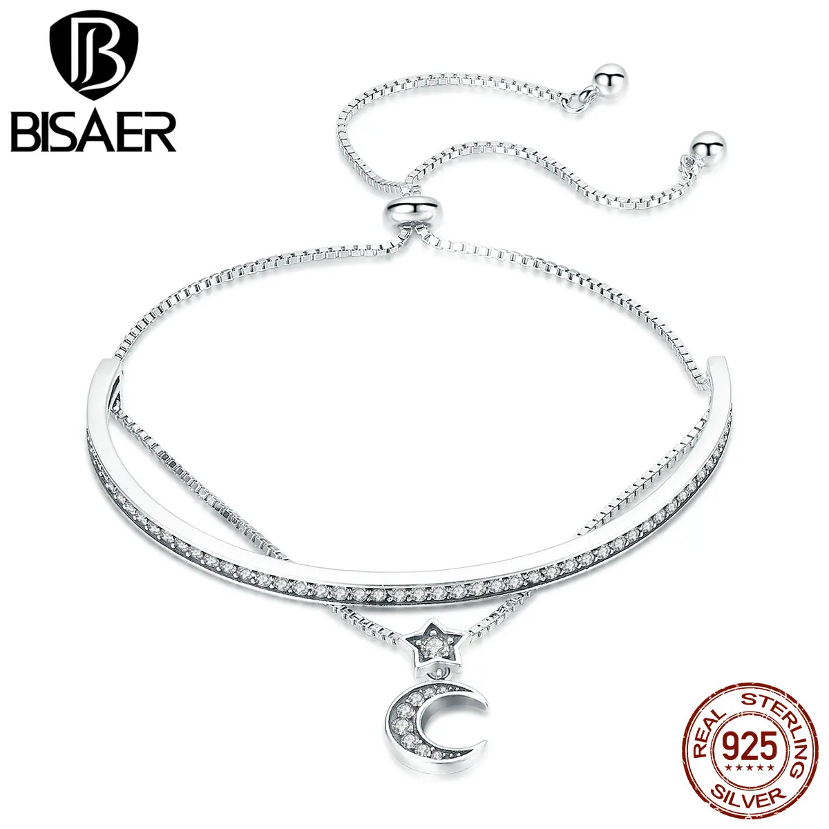 BISAER 925 пробы Серебряный Луна Звезда двухслойные теннисные браслеты для женщин прозрачный кубический циркон ювелирные украшения ECB109