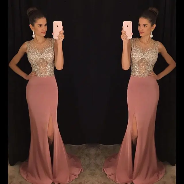 

Sexy Prom Dresses Mermaid Beaded Crystals Slit Women Long Prom Gown Evening Dresses Evening Gown Robe De Soiree