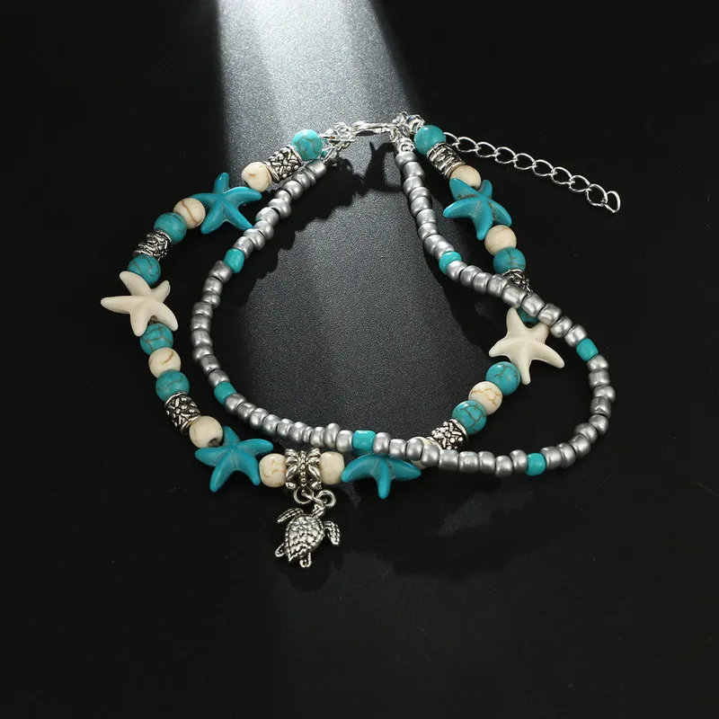 Богемная черепаха пляж зеленый стон Кулон ножной браслет двойной Раковины