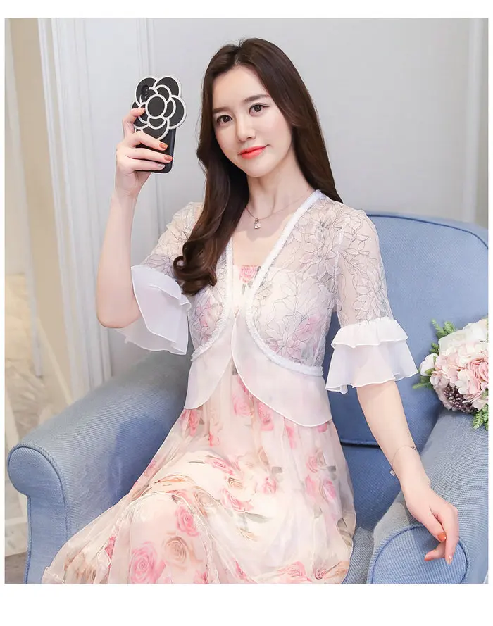 

Lace Ruffled Shrug Women Casual Three Quarter Sleeve Lace Light Crop Open Stitch Cardigan Short All-match Shawl Wraps Jacket