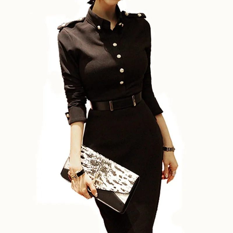 

New European Fashion Women Autumn Pencil Dress Brief Elegant Black Business Work Dress Casual Ladies Office Dress 1014-88