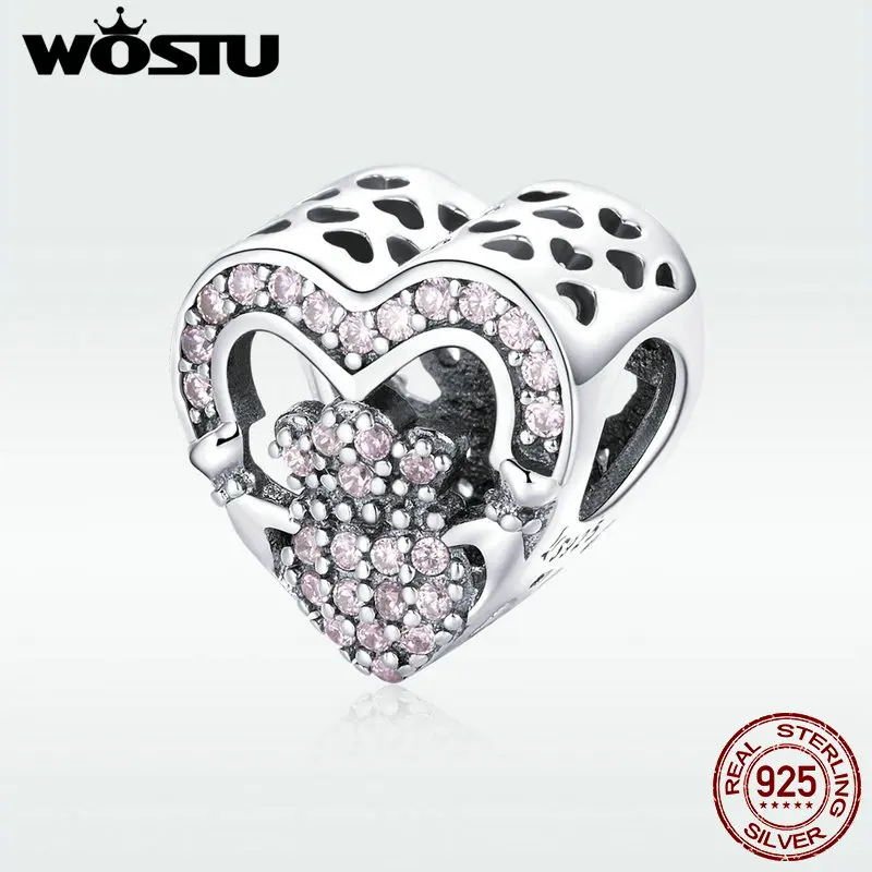 WOSTU, настоящая 925 пробы, Серебряная корона, розовое сердце, бусины, циркониевые амулеты, подходит для браслета, кулон для женщин, серебряные ювелирные изделия, FIC1066