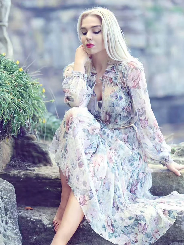 Женское платье миди с длинными рукавами и v образным вырезом кремовое цветочным