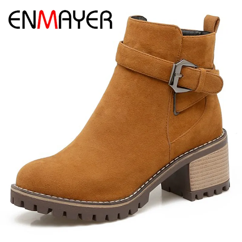 

ENMAYER 2018 Newest Woman Boots High Heels Round Toe Zipper Flock Boots Women Casual Shoes Woman Platform Ankle Boots CL002