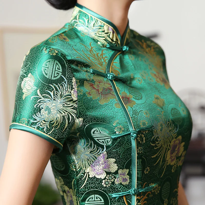 Новый Зеленый атласный цветок Cheongsam Китайский классический женский сексуальный