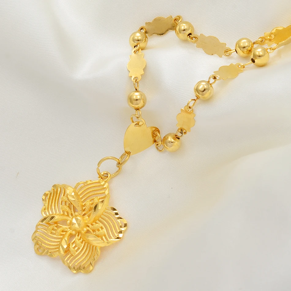 Anniyo Gold Color Flower Pendant Ball Beads Necklaces for Women Girls Flowers Jewelry Birthday Gifts #001236 | Украшения и