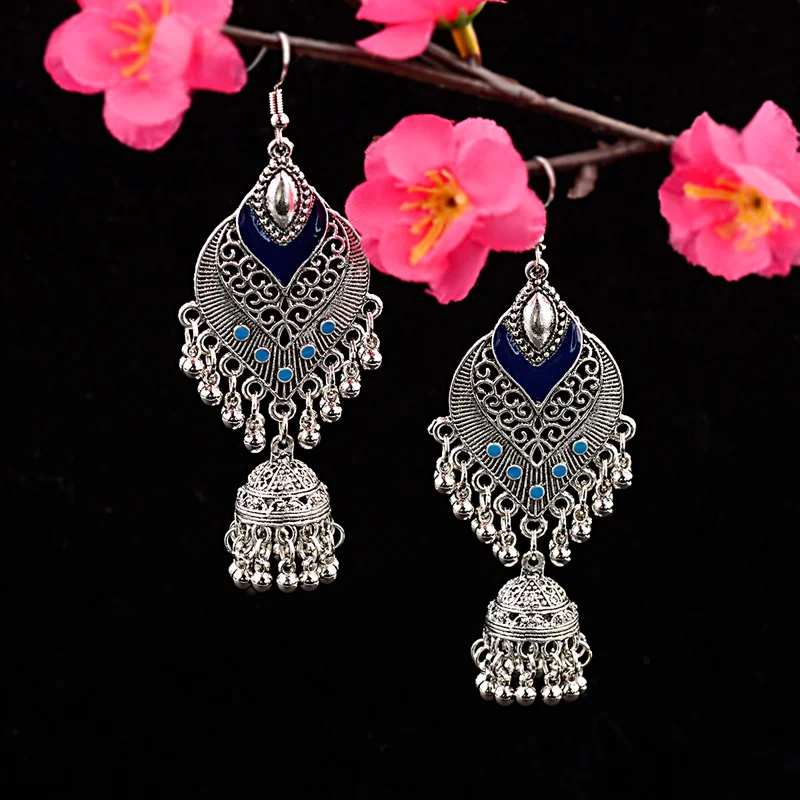 DOUVEI индийские ювелирные изделия Jhumka серебристого цвета полые колокольчики Эффектные серьги богемные винтажные этнические серьги капли воды для женщин