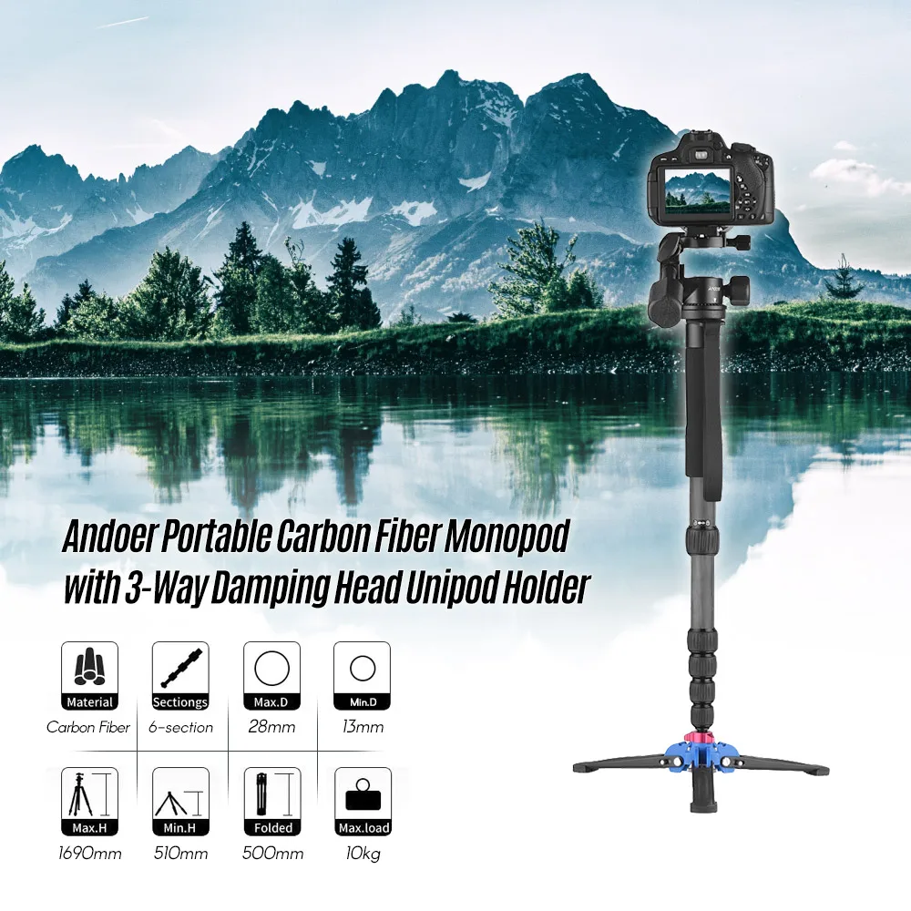 Новый портативный монопод Andoer из углеродного волокна/алюминиевого сплава 6