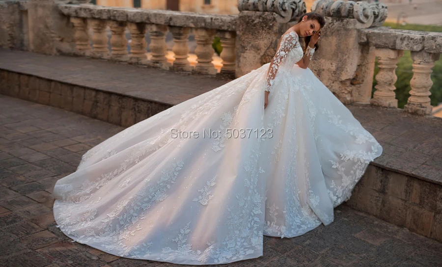 Трапециевидные свадебные платья, аппликации из кружева совок Vestido De Noiva с длинным рукавом линии на шнуровке, для невесты свадебное платье со шлейфом
