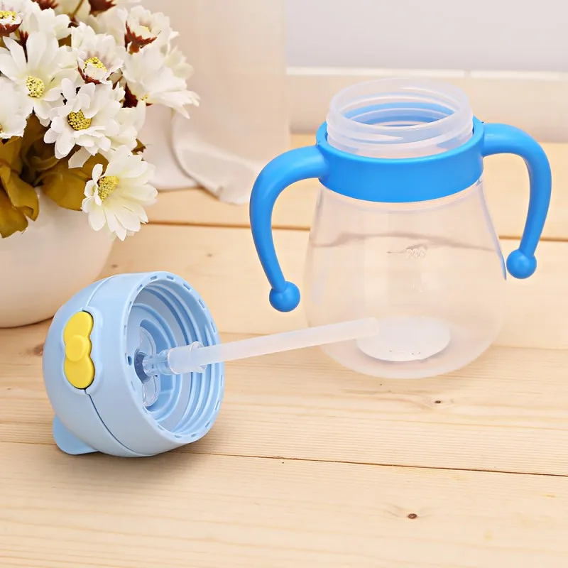 200ML Cute Cat Head Baby Drinking Bottle With Handle Straw Leakproof Training Learning Water L |