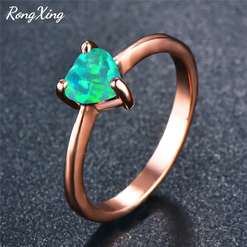 RongXing Green Fire Opal Heart Rings For Women Rose Gold Filled Rainbow Birthstone Wedding Bands Minimalist Jewelry Gifts RR0091 | Украшения