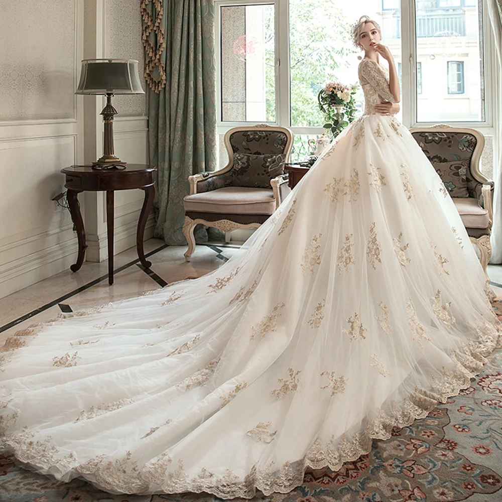 Robe Mariage Femme China Custom Made Lace Up Half Sleeve Gold Appliques Ivory Ball Gown Wedding Dress Plus Size Trajes De Novia | Свадьбы и