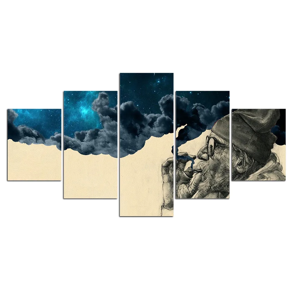 

HD Printed 5 Piece Canvas Art Smoke and Wonder Canvas Old Beard Man Canvas Prints Vintage Wall Pictures for Living Room Modern