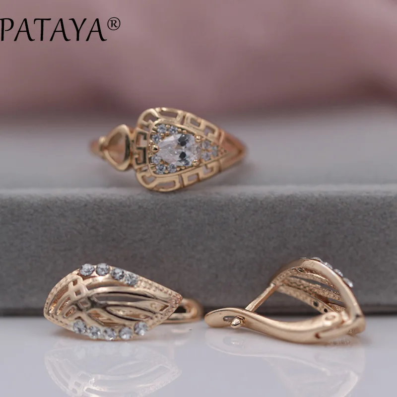 Женские серьги кольца PATAYA из розового золота с полым листом и цирконием|earrings ring