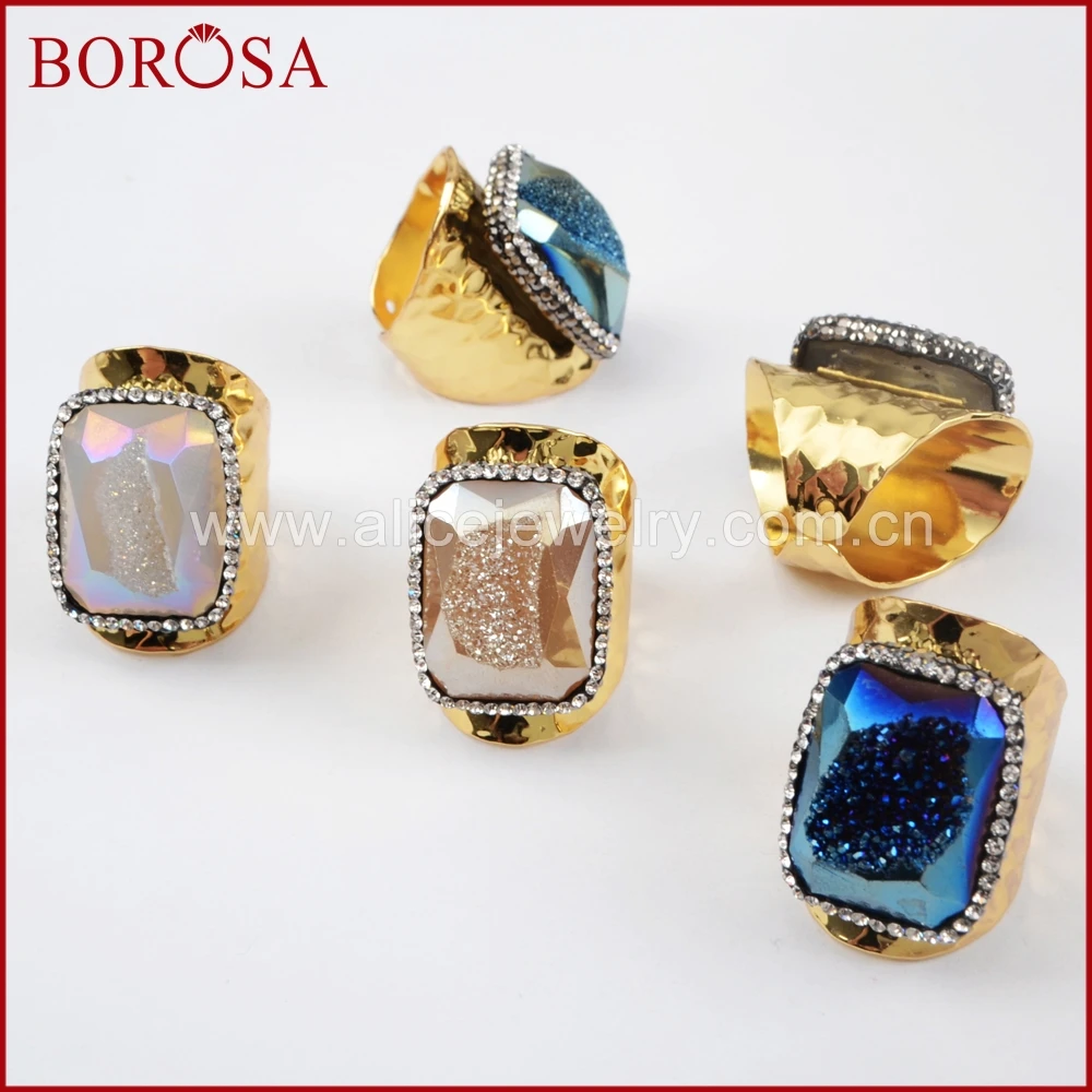 BOROSA Новое прямоугольное кольцо из природного друзы геоды радуги Drusy, Золотое кольцо, хрустальные стразы, модные драгоценные камни, кольцо, ювелирное изделие JAB798