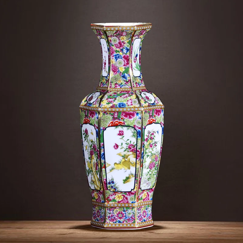 Антикварная керамическая ваза Qing Qianlong эмалированная позолоченная Шестигранная
