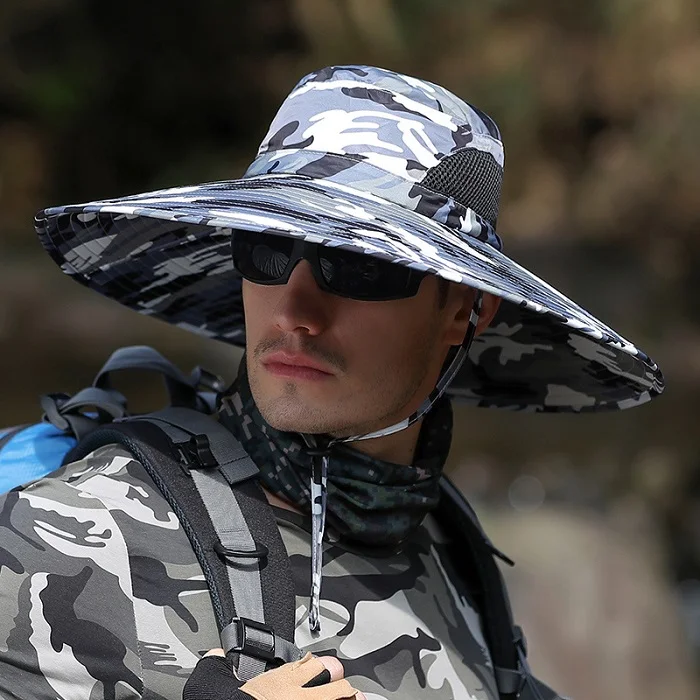 Light Blue CAMOLAND летняя Солнцезащитная шляпа, Мужская камуфляжная Панама, высокое качество, уличная Кепка с защитой от ультрафиолета, Мужская кепка с длинными широкими полями, для пеших прогулок, рыбалки - Цвет: Light Blue