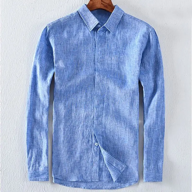 

Top quality 2019 New Men's long sleeve shirts 100% linen lapel mens shirts solid color fashion mens clothing slim tops