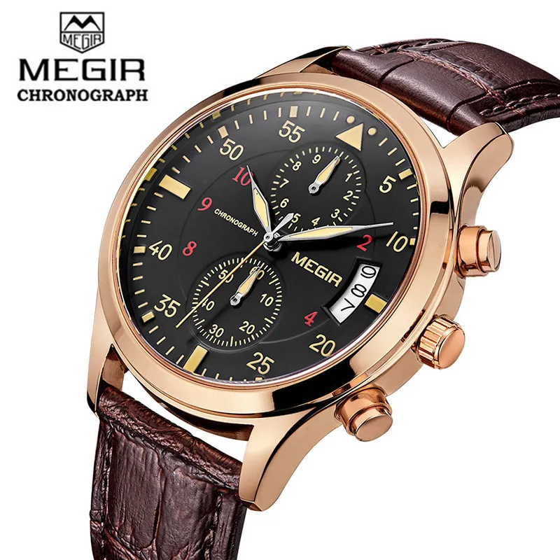 Мужские часы с хронографом MEGIR спортивные кожаные золотые наручные кожаным