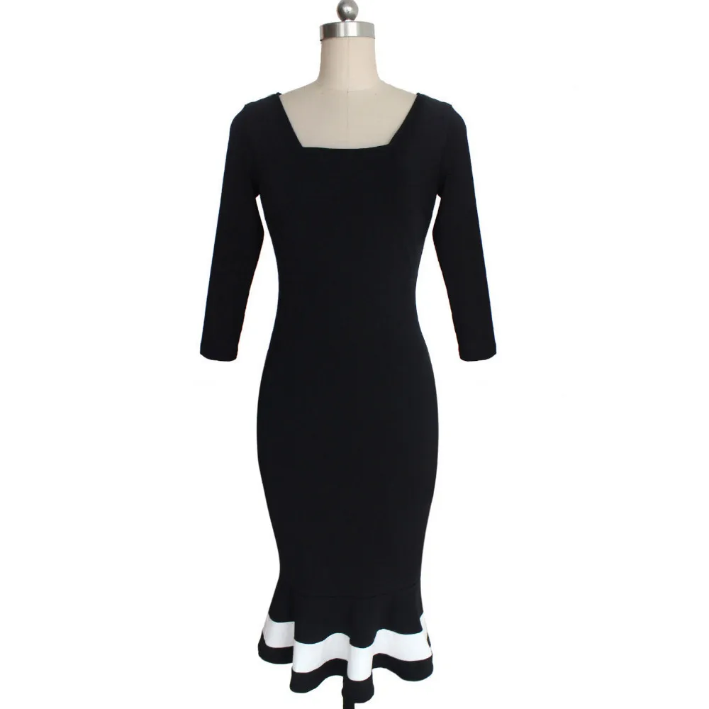Женское элегантное черное облегающее платье футляр с квадратным вырезом и юбкой