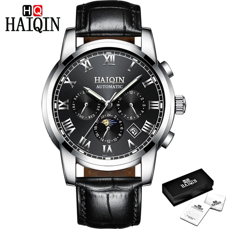 Silver-Black L-Black HAIQIN мужские часы, мужские часы, новые механические мужские часы, роскошные черные модные спортивные часы, водонепроницаемые военные мужские часы - Цвет: Silver-Black L-Black