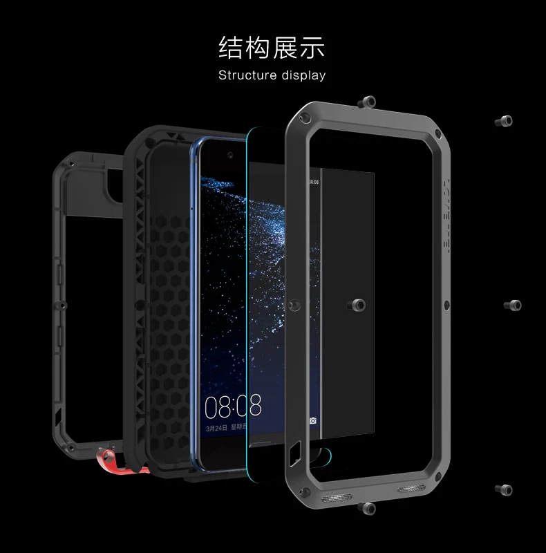 For Huawei P20/p20 pro/P10 plus Case LOVE MEI Shock DirtProof Water Resistant Metal Armor Aluminum Silicon Cover+ Tempered Glass | Мобильные