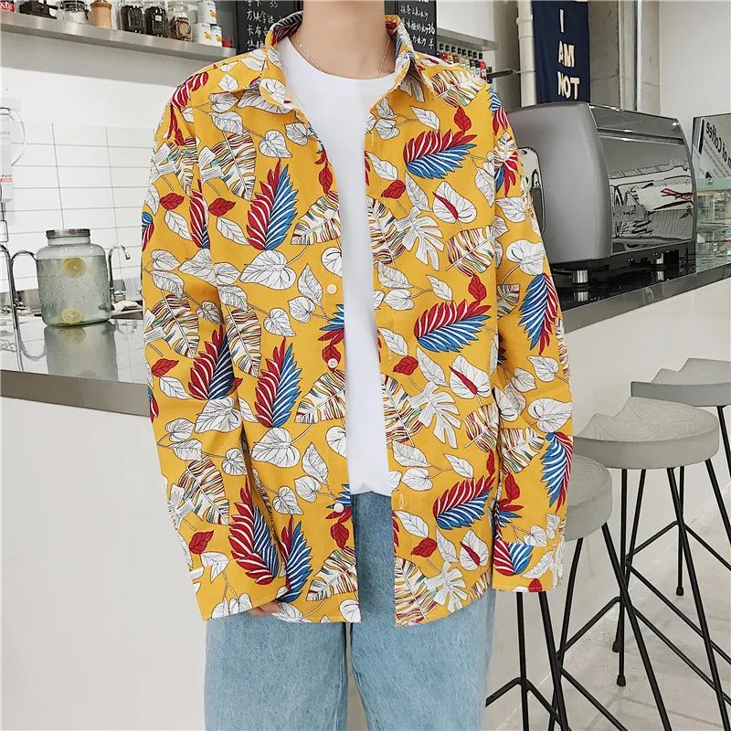 Гавайская Цветочная рубашка с длинным рукавом свободная Мужская летняя уличная