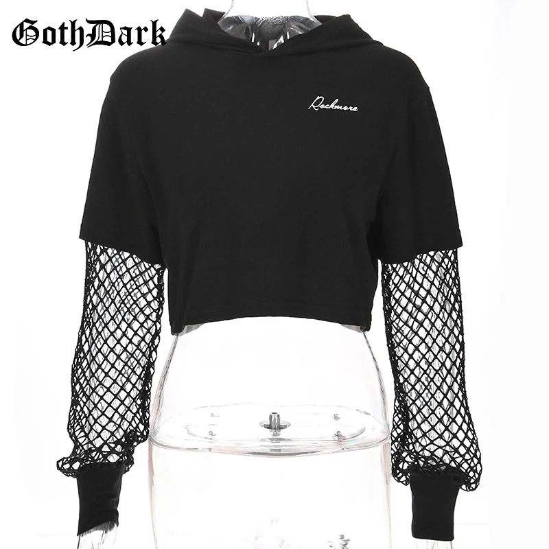 Женская толстовка Goth Dark, модный топ с открытым животом и рукавами в крупную сетку, черная повседневная свободная кофта с капюшоном - Цвет: black
