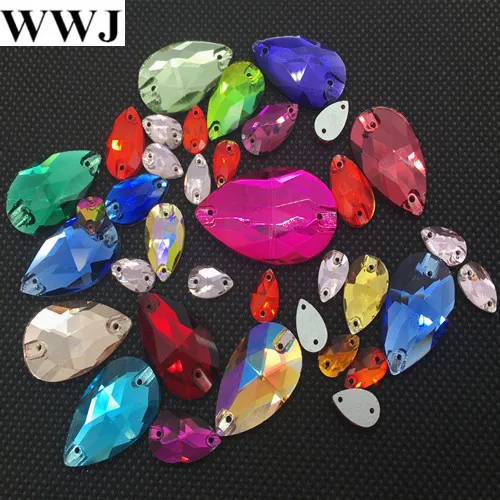 All Sizes Colors Teardrop Sew On Rhinestones Flatback 2 Holes Droplet Glass Sewing Crystal Beads for dress costume bags making